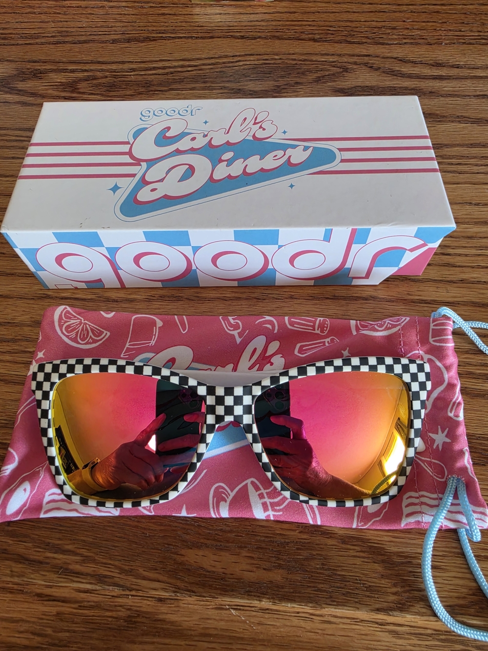 Goodr Carl's Diner Checkerboard Sunglasses - Pink Mirror Lenses
